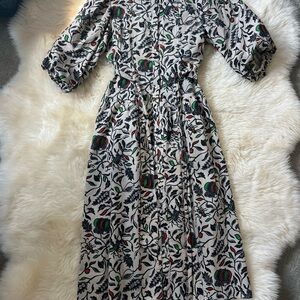 Cream Botanical Print Maxi Dress with Puff Sleeves